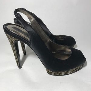 BCBGMAXAZRIA Black Satin Rhinestone Heels